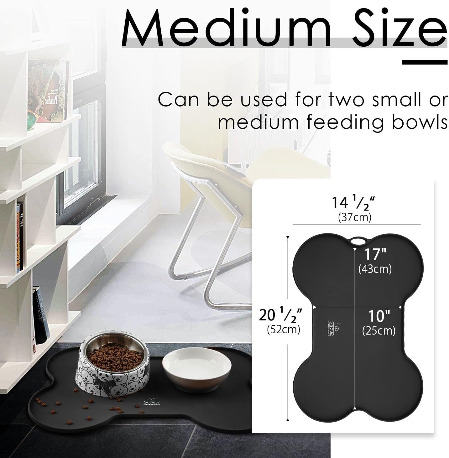 Silicone Dog and Cat Feeding Mat for Food and Water, Non-Spill and Waterproof, 20.5" x 14.5", Black