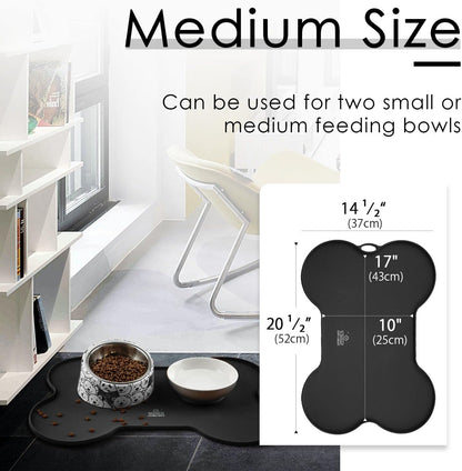 Silicone Dog and Cat Feeding Mat for Food and Water, Non-Spill and Waterproof, 20.5" x 14.5", Black