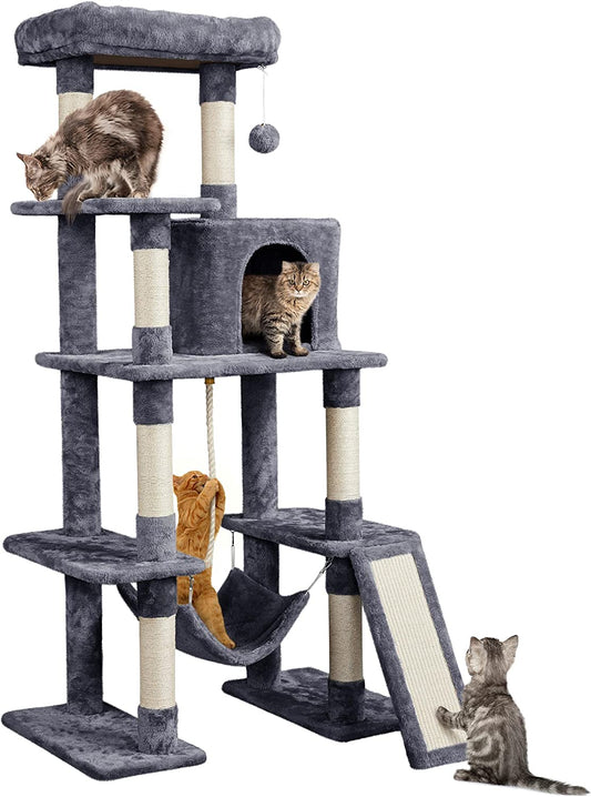 Large Multi-Level Cat Tree - 63-Inch Height with Sisal-Covered Scratching Posts, Condo, Hammock, Dangling Ball, and Extended Platform for Play and Rest