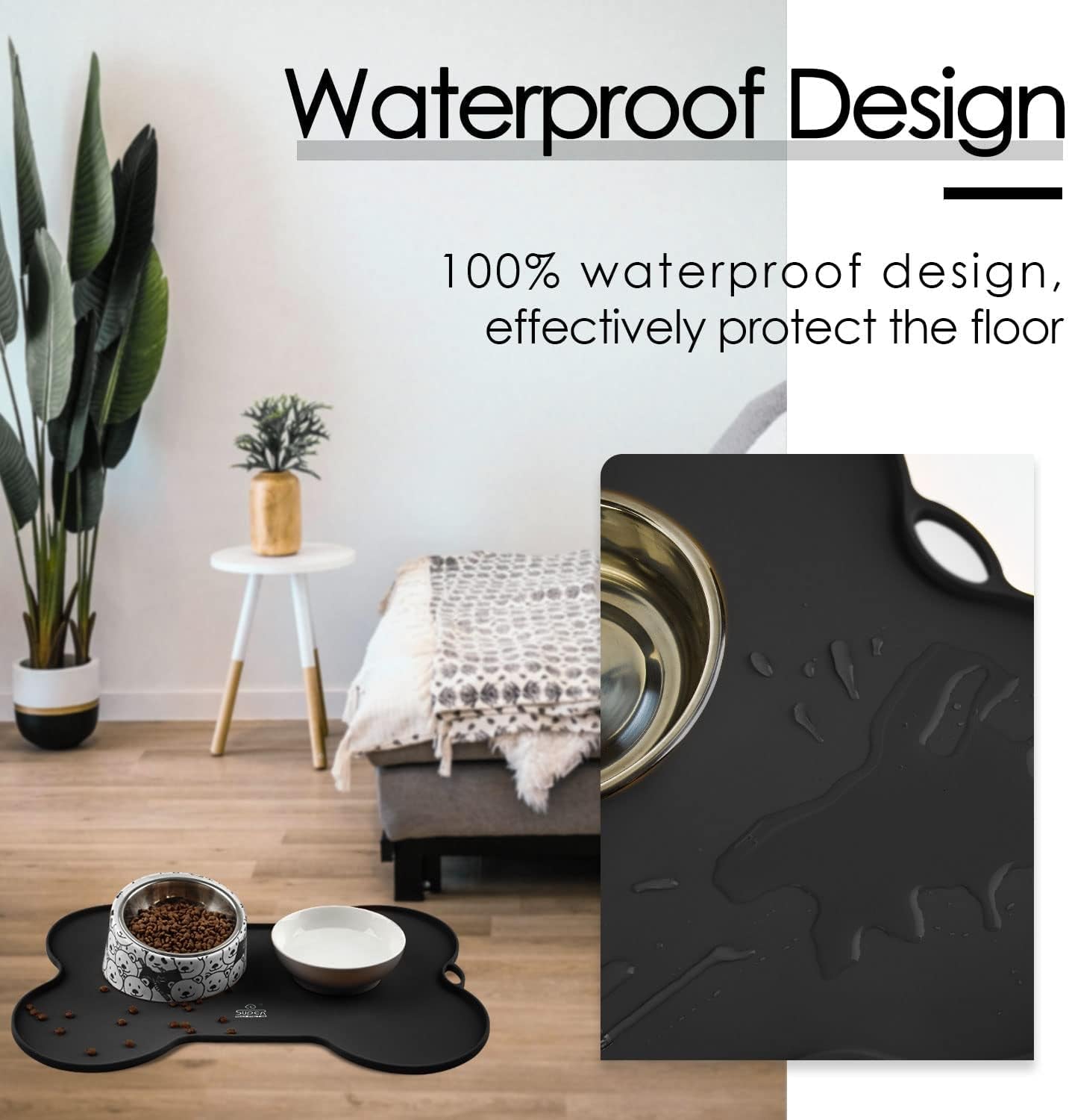 Silicone Dog and Cat Feeding Mat for Food and Water, Non-Spill and Waterproof, 20.5" x 14.5", Black