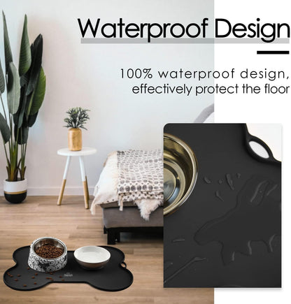 Silicone Dog and Cat Feeding Mat for Food and Water, Non-Spill and Waterproof, 20.5" x 14.5", Black