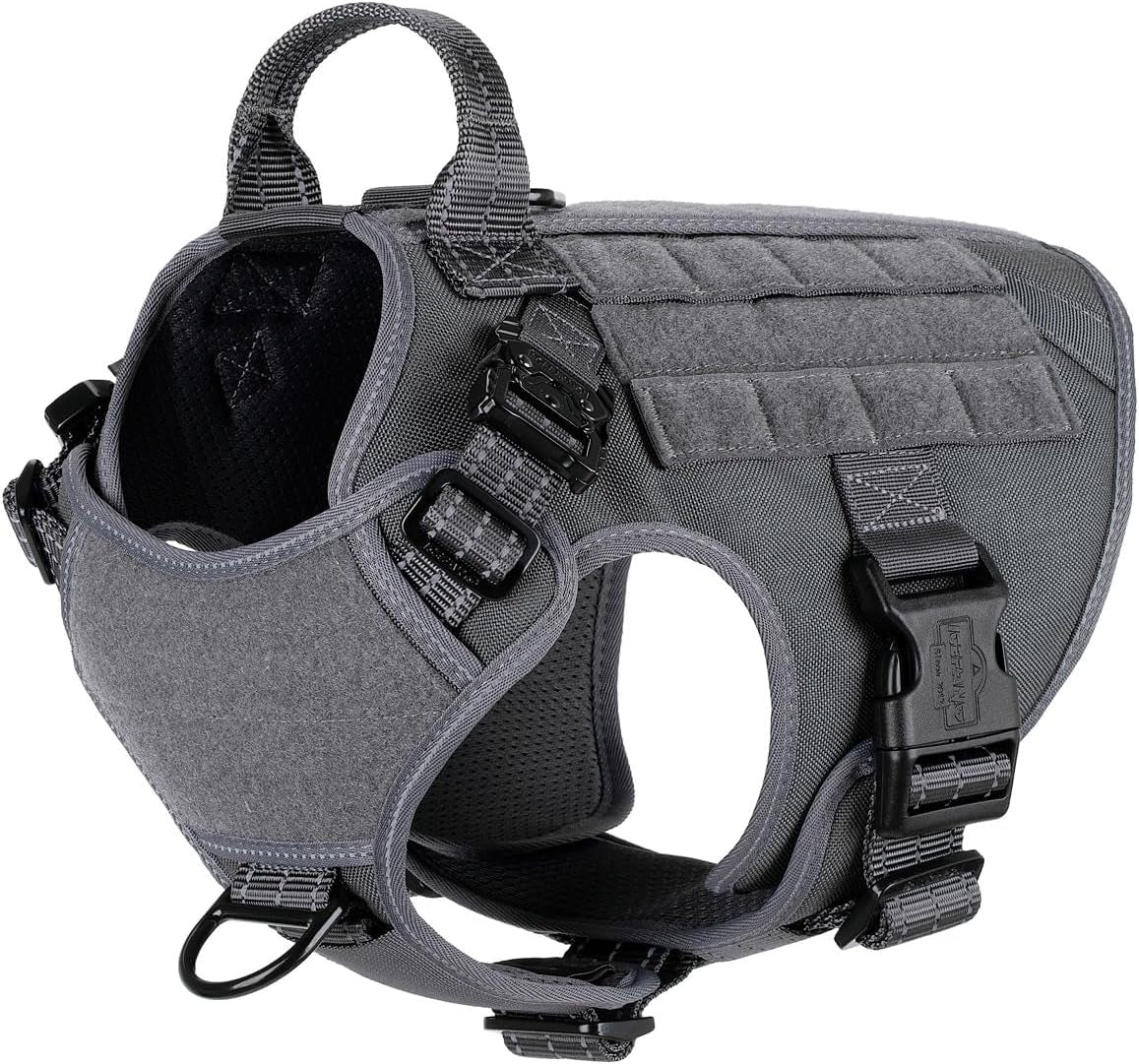 Medium Tactical Dog Harness with Dual Metal Buckles, MOLLE Vest Design, No-Pull Front Leash Clip, and Hook and Loop Panel - Grey (Size M, Pack of 1)