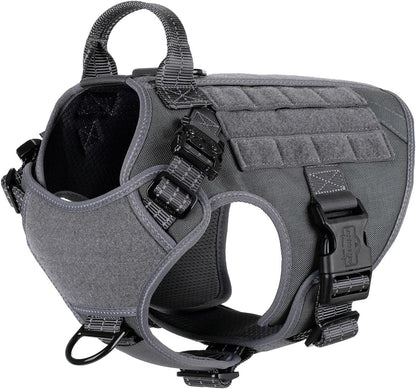 Medium Tactical Dog Harness with Dual Metal Buckles, MOLLE Vest Design, No-Pull Front Leash Clip, and Hook and Loop Panel - Grey (Size M, Pack of 1)