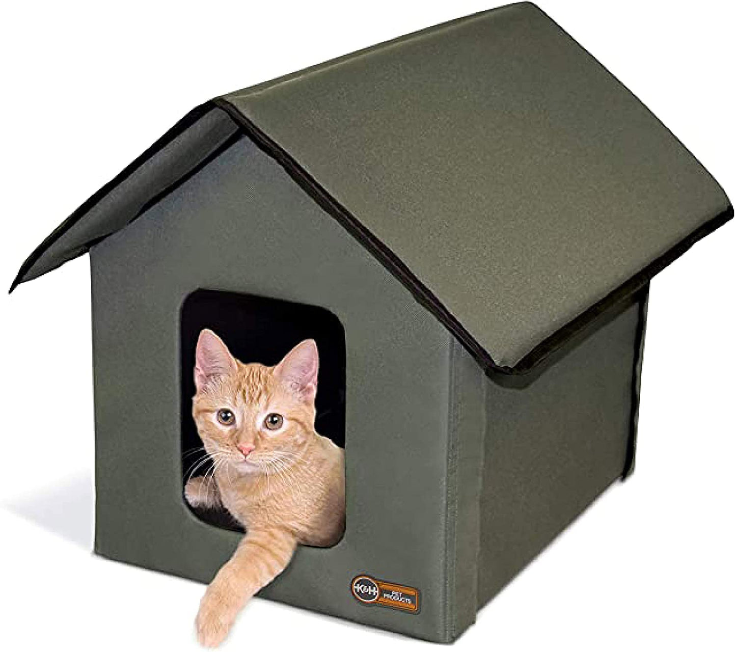 Weatherproof Outdoor Cat House for Feral Cats, Insulated Shelter with Dual Entrances and Removable Waterproof Floor Pad - Olive Green
