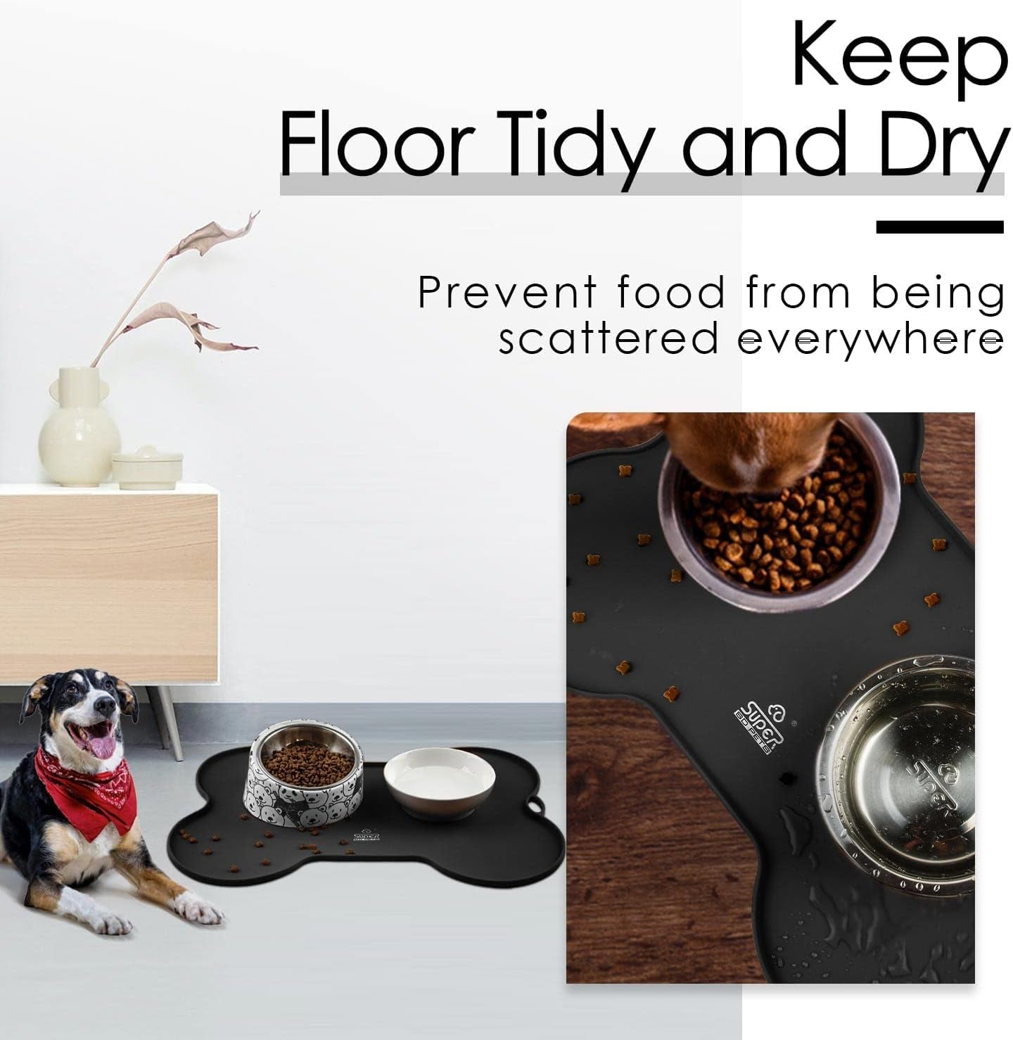 Silicone Dog and Cat Feeding Mat for Food and Water, Non-Spill and Waterproof, 20.5" x 14.5", Black