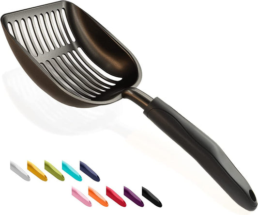 Cat Litter Scoop - Non-Stick Aluminum Alloy Sifter with Deep Shovel and Long Handle, Durable Metal Design, Large Size, Coated Black Finish