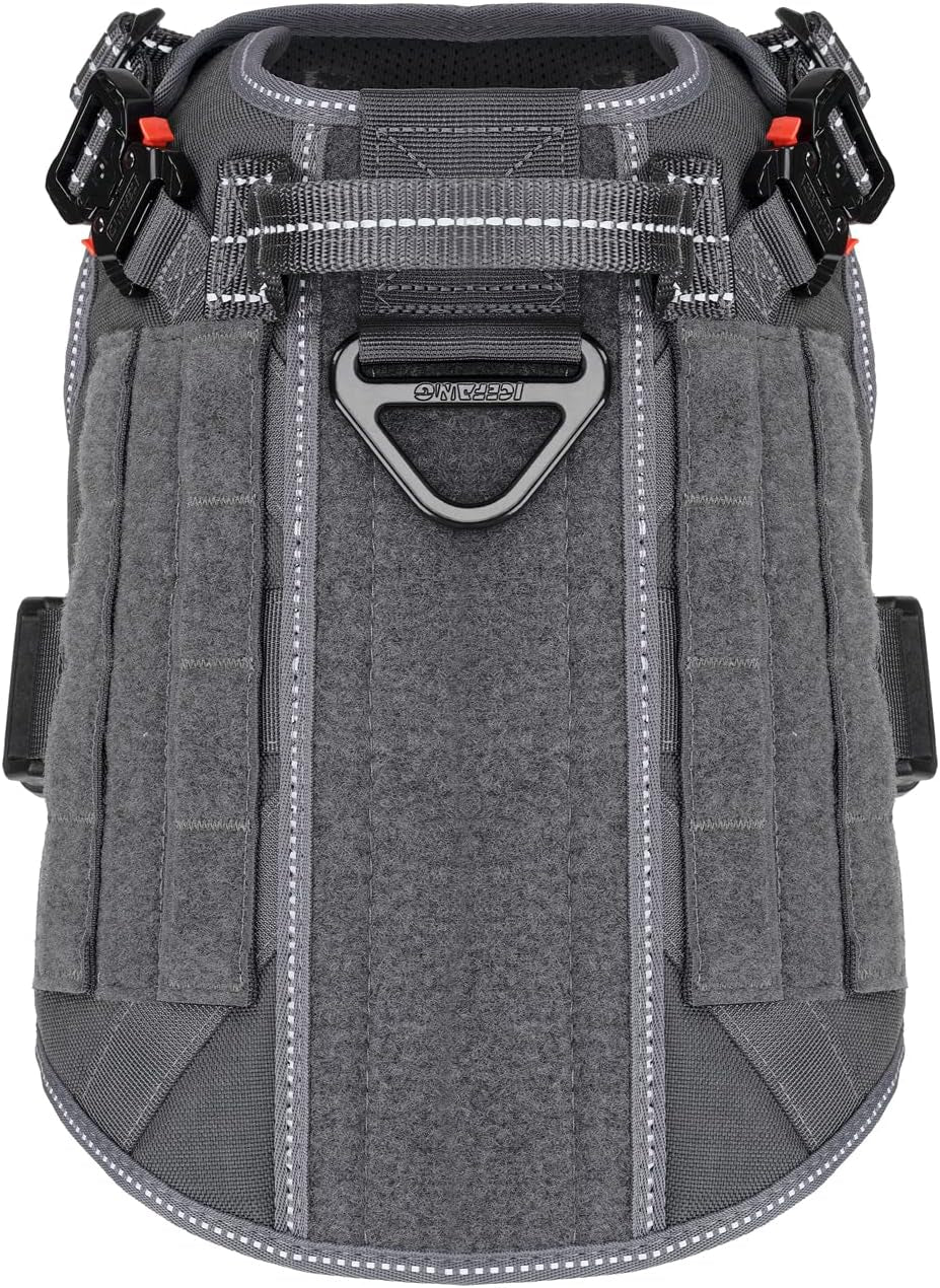 Medium Tactical Dog Harness with Dual Metal Buckles, MOLLE Vest Design, No-Pull Front Leash Clip, and Hook and Loop Panel - Grey (Size M, Pack of 1)