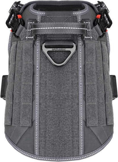 Medium Tactical Dog Harness with Dual Metal Buckles, MOLLE Vest Design, No-Pull Front Leash Clip, and Hook and Loop Panel - Grey (Size M, Pack of 1)