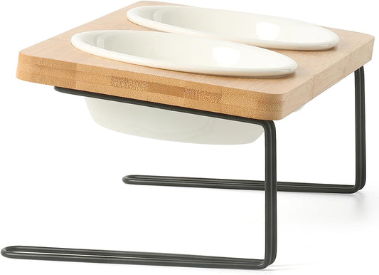 Elevated Ceramic Cat Bowls with 15° Tilted Design and Solid Bamboo Water Stand Feeder Set for Cats and Small Dogs
